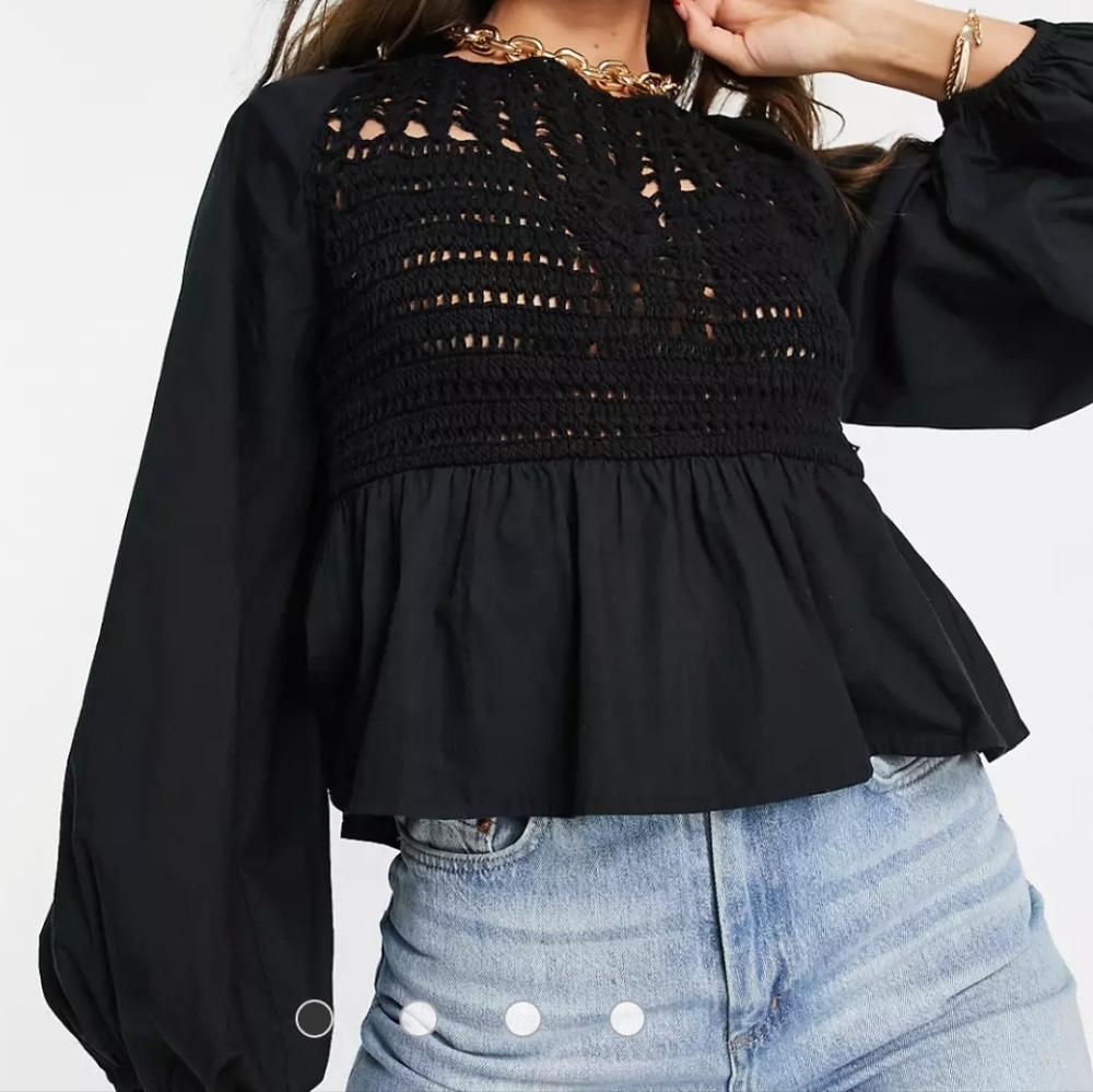 NWOT, ASOS Design Long Sleeve Top With Crochet Detail, Size 4, Black